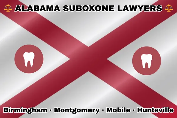 ALABAMA SUBOXONE LAWYERS: Birmingham, Montgomery, Mobile, and Huntsville text on AL state flag with extracted teeth near St. Andrew's cross on a white background.