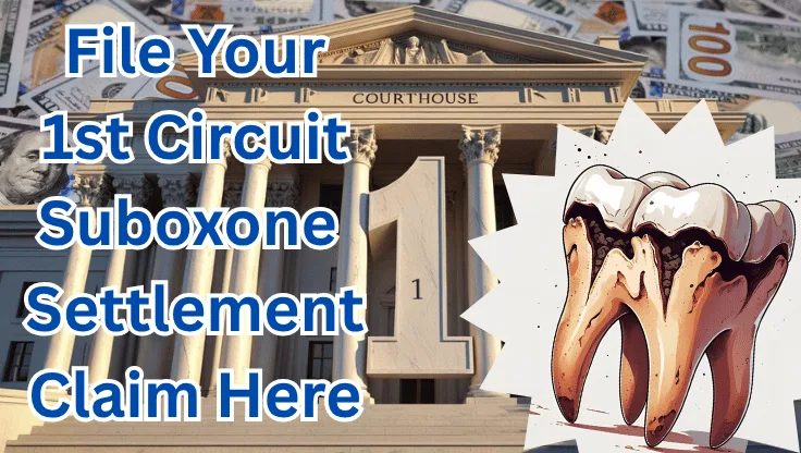 File Your 1st Circuit Suboxone Settlement Claim Here text on depiction of First Circuit court with decayed tooth and high value cash backdrop.