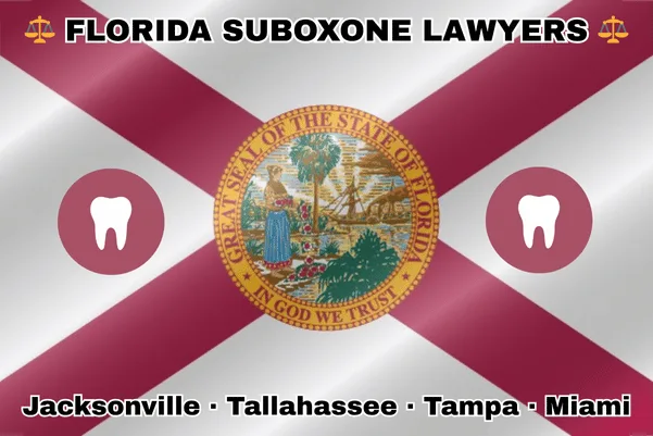 FLORIDA SUBOXONE LAWYERS: Jacksonville, Tallahassee, Tampa, and Miami text on FL state flag with extracted teeth near a red cross and SEAL of a Seminole woman scattering flowers by a shoreline with a boat, palm trees, and sunlight.