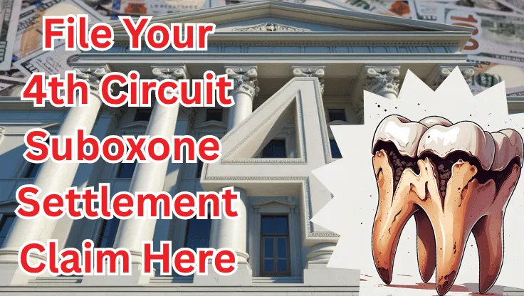 File Your 4th Circuit Suboxone Settlement Claim Here text on depiction of Fourth Circuit court with decayed tooth and high value cash backdrop.