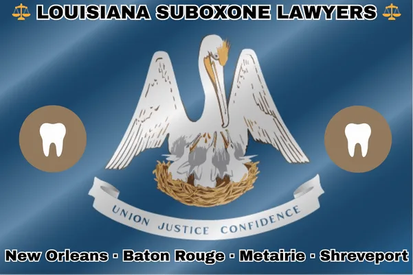 LOUISIANA SUBOXONE LAWYERS: New Orleans, Baton Rouge, Metairie, and Shreveport text on LA state flag with extracted teeth near a pelican feeding chicks in a nest on a blue background.