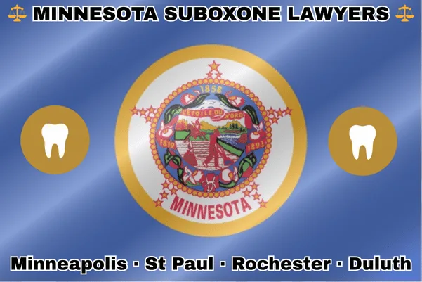 MINNESOTA SUBOXONE LAWYERS: Minneapolis, St Paul, Rochester, and Duluth text on MN state flag with extracted teeth near a wreath of lady’s slippers around a Native American riding a horse and a pioneer plowing a field.