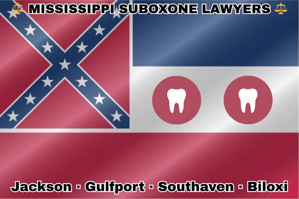 MISSISSIPPI SUBOXONE LAWYERS: Jackson, Gulfport, Southaven, and Biloxi text on MS state flag with extracted teeth near three horizontal stripes of blue, white, and red, and a red canton in the upper left corner featuring a blue saltire with thirteen white stars.
