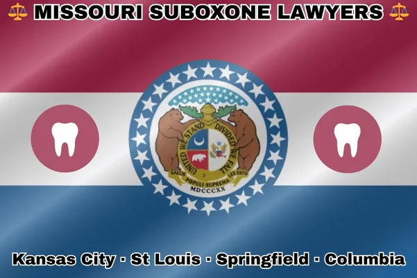 MISSOURI SUBOXONE LAWYERS: Kansas City, St Louis, Springfield, and Columbia text on MO state flag with extracted teeth near a ring of stars featuring two grizzly bears, a shield, and crescent moon, all on a red, white and blue background.