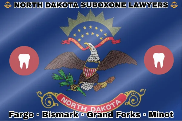 NORTH DAKOTA SUBOXONE LAWYERS: Fargo, Bismark, Grand Forks, and Minot text on ND state flag with extracted teeth near a bald eagle holding an olive branch and arrows in its talons and shield on its chest.