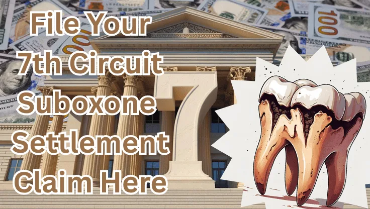 File Your 7th Circuit Suboxone Settlement Claim Here text on depiction of Seventh Circuit court with decayed tooth and high value cash backdrop.