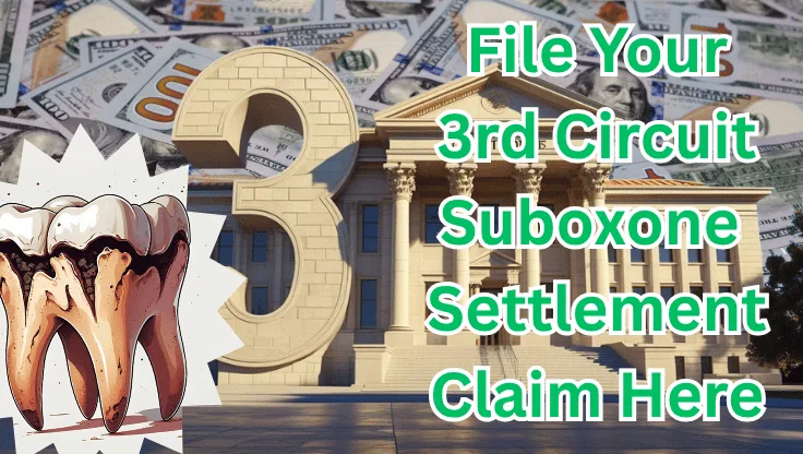 File Your 3rd Circuit Suboxone Settlement Claim Here text on depiction of Third Circuit court with decayed tooth and high value cash backdrop.