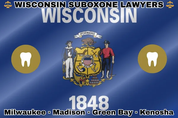 WISCONSIN SUBOXONE LAWYERS: Milwaukee, Madison, Green Bay, and Kenosha text on WI state flag with extracted teeth near a sailor and miner flanking a shield featuring agriculture, mining, manufacturing, and navigation, a badger above, and a cornucopia and lead ingot.